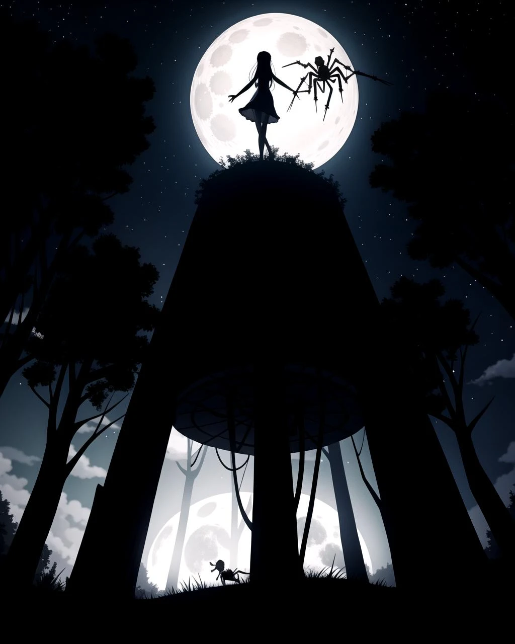 ((masterpiece), best quality, high quality, professional quality, highly detailed, highres, perfect lighting, natural lighting), giant spider, weaving web, between two trees, at night, moonlight, terrifying, horror theme