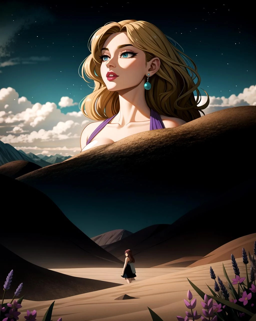((masterpiece), best quality, high quality, professional quality, highly detailed, highres, perfect lighting, natural lighting), colossal, cutting-edge laboratory, A barren desert planet with extreme temperature fluctuations and towering sand dunes stretching across its surface., Floating Islands, phoenix,middle earth, Assassin Striking from the shadows with a deadly precision, Titan, Average Height, Obese, Oval Face, Olive Skin, Auburn Hair, black Eyes, Straight Nose, Full Lips, Receding Chin, Imperial, Buzz Cut, Wavy, Misty mountains towering over a vast, misty valley, Tolkien,A composition that celebrates the beauty of chaos, with spontaneous marks and gestural expressions, Lavender, Amidst a realm of whimsical enchantment, a secret garden reveals, its intricate blossoms captivating the imagination, Pearl, Glossy luster that creates a smooth and polished surface, Garbed, Woman, Short, Lean, Heart-Shaped Face, Olive Skin, Golden Blonde Hair, turquoise Eyes, Short Nose, Thick Lips, Prominent Chin, Shoulder-Length Hair, Coarse Hair, Smooth Waves, natural breasts, Faux gauge earrings, teal cream lipstick