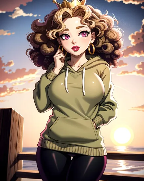 ((masterpiece), best quality, high quality, professional quality, highly detailed, highres, perfect lighting, natural lighting), Compression top and yoga pants, Charmer, Tall, Athletic, Triangular Face, Olive Skin, Strawberry Blonde Hair, pink Eyes, Narrow Nose, Full Lips, Receding Chin, Shoulder-Length Hair, Curly Hair, Curly Afro, small breasts, Huggie earrings, cream metallic lipstick, floating,portrait, Cozy hoodie dress, leggings, Temptress, Average Height, Slim, Round Face, Tan Skin, Strawberry Blonde Hair, Green Eyes, Wide Nose, Thick Lips, Round Chin, Shoulder-Length Hair, Straight Hair, Braided Crown, perky breasts, Drop earrings, violet gloss lipstick, with a sunset in the background