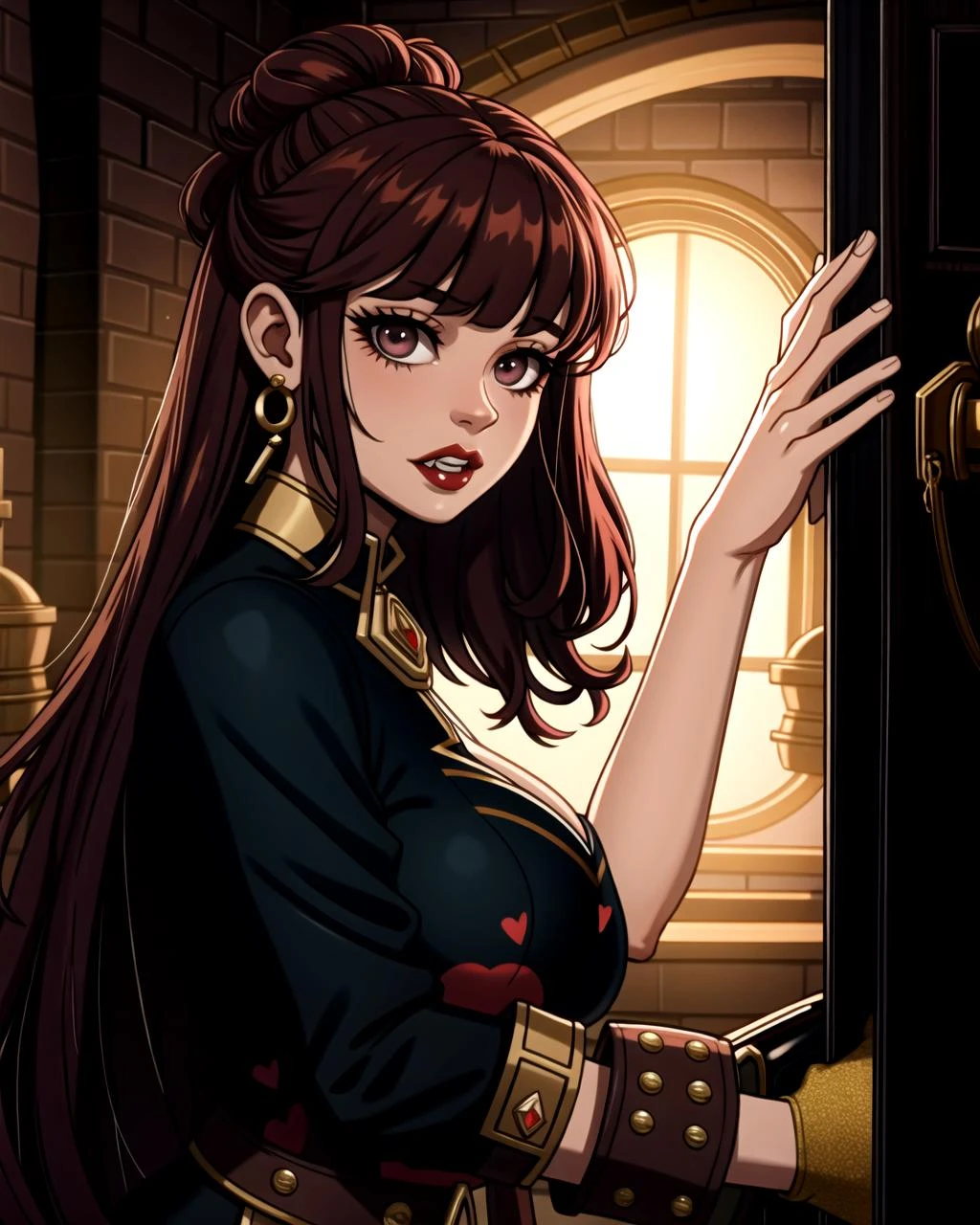 ((masterpiece), best quality, high quality, professional quality, highly detailed, highres, perfect lighting, natural lighting), mysterious, zombie, Dark Skin, Redhead with curly hair styled in a loose updo, magenta metallic lipstick, A bloodstained hand reaching out from under a locked door, vampire with fangs, griffin, sphinx,middle earth, Sorcerer casting bolts of lightning from their fingertips, Boss, Average Height, In Shape, Triangular Face, Fair Skin, Dark Brown Hair, peach Eyes, Long Nose, Pouty Lips, Receding Chin, Anchor, Crew Cut, Spiky, A volcanic wasteland, with rivers of fire flowing into a molten sea, Tolkien,Create a work of art, an ultra-detailed illustration, Bedecked, Diva, Average Height, Firm, Heart-Shaped Face, Tan Skin, Chestnut Hair, black Eyes, Wide Nose, Pouty Lips, Receding Chin, Long Hair, Thick Hair, Middle Part Bangs, round breasts, Clip-on earrings, coral velvet lipstick, A garden where stone flowers bloom and metallic bees hum with mysterious energy, A crystalized formation with a iridescent shimmer, changing colors as the light strikes from different angles