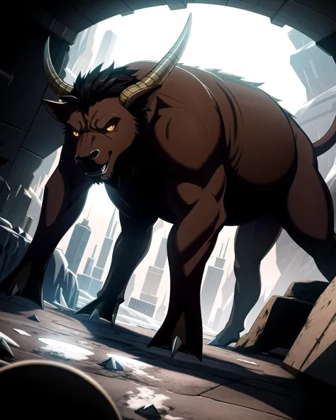 ((masterpiece), best quality, high quality, professional quality, highly detailed, highres, perfect lighting, natural lighting), colossal, futuristic cityscape, A planet with a thick, toxic atmosphere, forcing its inhabitants to live in domed cities or underground bunkers., Ice Planet, manticore, chimera, minotaur