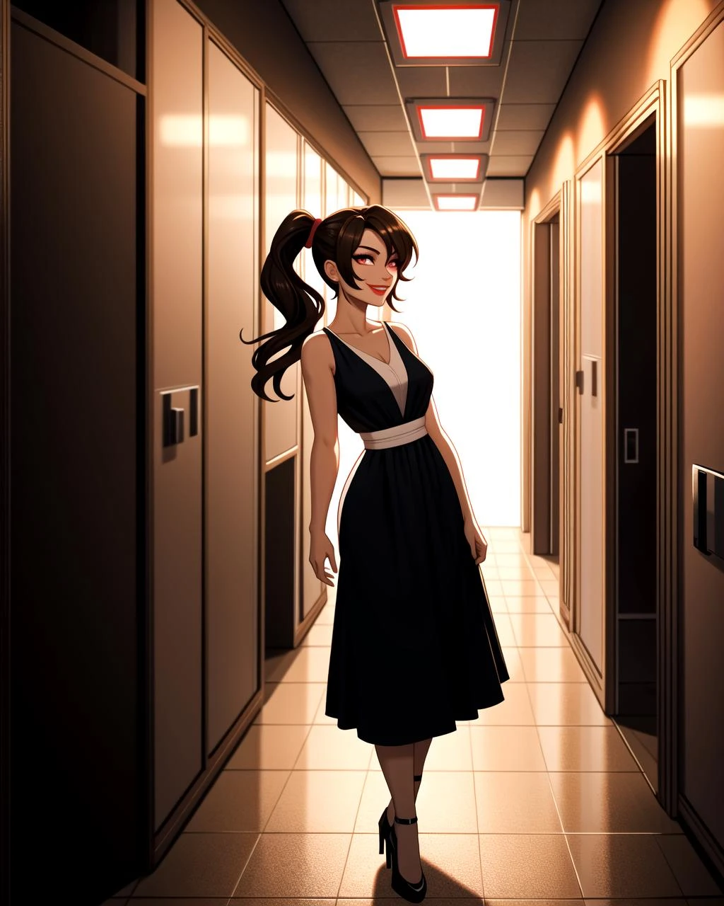 ((masterpiece), best quality, high quality, professional quality, highly detailed, highres, perfect lighting, natural lighting), nightmarish, Menacing figure with a painted smile, Dark Skin, Brunette with a high ponytail and sleek straight hair, peach cream lipstick, A decaying hospital hallway with flickering fluorescent lights