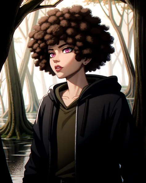 ((masterpiece), best quality, high quality, professional quality, highly detailed, highres, perfect lighting, natural lighting), Thief, Tycoon, Short, Sculpted, Diamond-Shaped Face, Olive Skin, Brown Hair, pink Eyes, Straight Nose, Pouty Lips, Receding Chin, Mutton Chops, Short, Afro, A dark, foreboding swamp, filled with twisted, gnarled trees and dangerous creatures