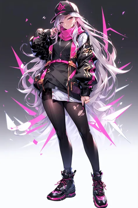 <lora:KDA:1>, 1girl, sleeves past fingers, virtual youtuber, dress, solo, sleeves past wrists, black dress, white background, long hair, pantyhose, very long hair, absurdly long hair, black headwear, grey hair, bangs, floating, full body, looking at viewer, black pantyhose, ghost, torn clothes, hat, simple background, red footwear, shoes, pink footwear, scarf, smile