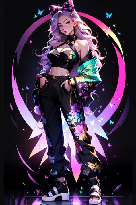 <lora:KDA:1>1girl, solo, long hair, japanese clothes, virtual youtuber, kimono, black kimono, purple hair, full body, bow, open mouth, white background, smile, hair ornament, very long hair, breasts, off shoulder, looking at viewer, nail polish, hair bow, sandals, simple background, bare shoulders, standing, floral print, bangs, halterneck, cleavage, toenail polish, white bow, toenails, black footwear, green eyes, long sleeves, hair rings, butterfly hair ornament, flower, hair flower, wide sleeves, blush, criss-cross halter, blue eyes