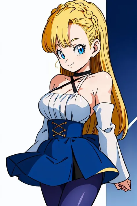 ultra detailed, masterpiece, best quality, solo, soft smile, light smile,
1girl, blue eyes, very long hair, blonde hair, long blonde hair, french braid, bangs, medium breasts,
hair ribbon, frilled choker, criss-cross halter, sleeveless dress, high-waist skirt, backless dress, waist bow, detached sleeves, frilled sleeves, wide sleeves, pantyhose, patterned legwear, mary janes, <lora:Yamamoto_Doujin_v2_Dim64:0.75> blue theme,