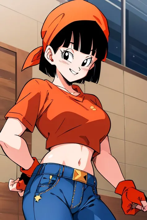 ultra detailed, masterpiece, best quality, solo, soft smile, light smile, Videl, Dragon Ball,
hairband, short hair, red hairband, bangs, sleeveless, dress, jewelry, belt, red dress, braceletblue eyes, colored eyelashes, eyelashes, black hair, , big breast, big ass, white shirt, confused face expresion, sin imperfecciones, dibujo perfecto,
