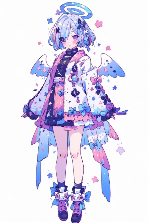 <lora:powderblue:1>, 1girl, amane kanata, solo, virtual youtuber, wings, star halo, feathered wings, halo, angel wings, angel, multicolored hair, asymmetrical hair, colored inner hair, single hair intake, full body, short hair, armband, purple eyes, grey hair, white background, blue hair, simple background, looking at viewer, socks, boots, bow, bob cut, long sleeves, streaked hair, skirt, blush, black footwear, hair over one eye, frills, blue bow, turtleneck, mini wings, bangs, bowtie, short dress, wide sleeves, multicolored wings, jacket, white wings, plaid, standing, miniskirt, turtleneck dress, straight-on