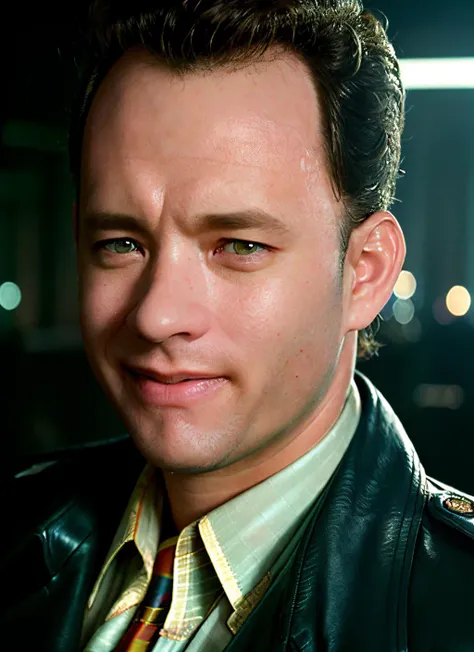 portrait of sksperson man, smile, wearing trench coat , with short beard light blonde French crop , background cyberpunk city epic (photo, studio lighting, hard light, sony a7, 50 mm, matte skin, pores, colors, hyperdetailed, hyperrealistic), <lyco:Tom HanksV2:1.2>
