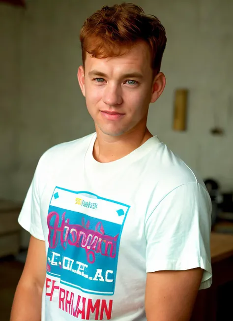 portrait of sksperson man, smile, wearing crew neck t-shirt , with temp fade strawberry blonde Side-swept fringe , background barn epic (photo, studio lighting, hard light, sony a7, 50 mm, matte skin, pores, colors, hyperdetailed, hyperrealistic), <lyco:Tom HanksV2:1.0>