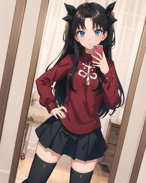 (masterpiece:1.5), illustration, 4k, 8k, (high quality:1.1), highly detailed, detailed face, HDR, vivid colors, natural lighting, pretty eyes, beautiful face, 1girl, <lora:tohsakaRinFate_v10:0.7>, 1girl, tohsaka rin, solo, long hair, thighhighs, two side up, skirt, red shirt, blue eyes, black thighhighs, black hair, <lora:mirrorSelfiePoseLora_v10:0.7>, girl mirror selfie, standing, hand on hip, holding phone, looking at viewer, expressionless