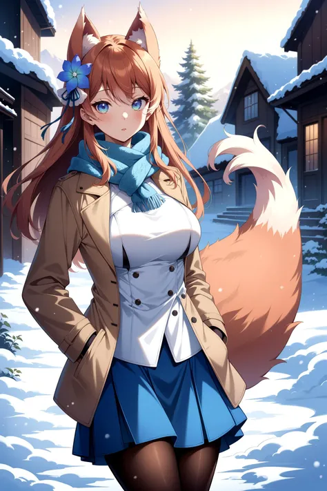 (masterpiece, best quality, very aesthetic, ultra detailed), intricate details, anime style, 4k, bbrurufu, long hair, animal ears, hair flower, blue flower, fox tail, breasts, <lora:hizuki_rurufu_XL_v1:0.9>, outdoors, snow, winter clothes, scarf, skirt, pantyhose, hand in pocket, buliding