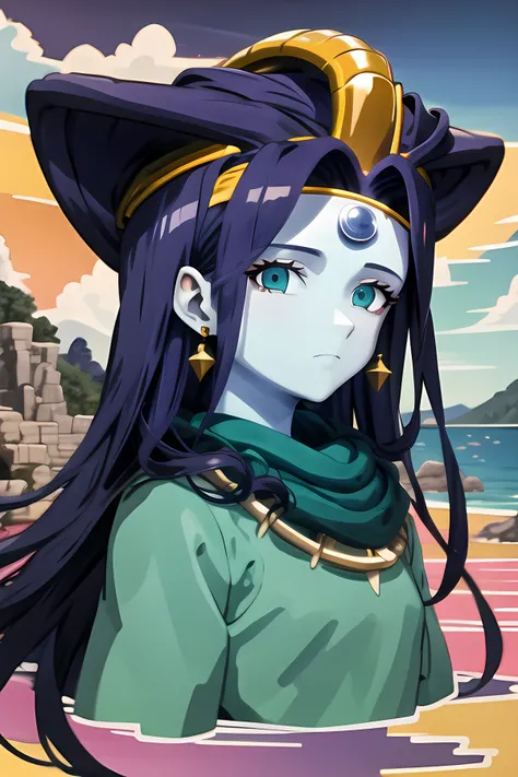 masterpiece, best quality, <lora:oceanus_shenron:0.85>, blue skin, long hair, blue hair, aqua eyes, oceanic shenron, looking at viewer , illustration, outdoors, expressionless, closed mouth, jewelry, earrings,
