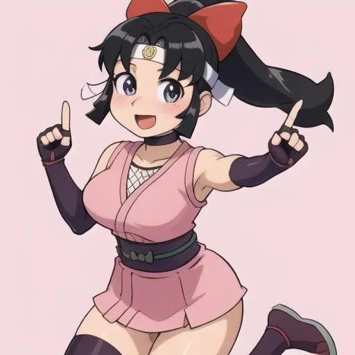 <lora:shinobu:1>, sh1n0bu, pink outfit, black hair, ponyrail, sleeveless, blushing, smile, open mouth, full body, jumping