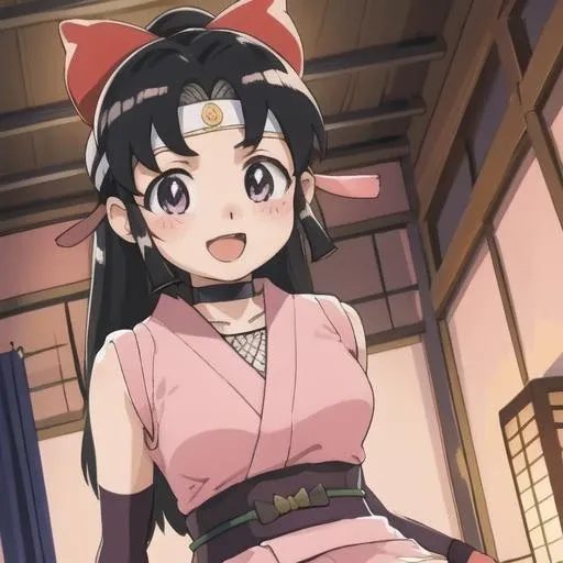 <lora:shinobu:1>, sh1n0bu, pink outfit, black hair, ponyrail, sleeveless, blushing, inside japanese room, smile, open mouth, full body