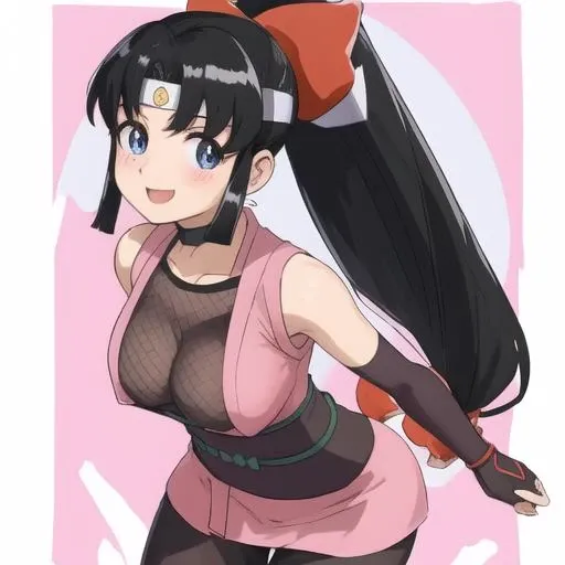 <lora:shinobu:1>, sh1n0bu, "pink outfit", "black hair", ponytail, sleeveless, blushing, smile, full body, exposed breasts