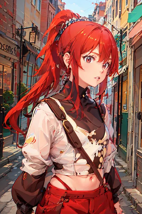 Milly\(milly)\, ponytail, brown eye <lora:Milly_The_Aristocrat_s_Otherworldly_Adventure_Serving_Gods_Who_Go_Too_Far-000011:0.85>, city background, masterpiece, more details, more lines, best quality, drawing, anime
