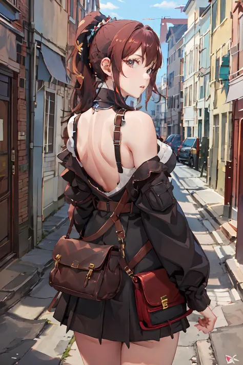Milly\(milly)\, ponytail, brown eye, large breasts <lora:Milly_The_Aristocrat_s_Otherworldly_Adventure_Serving_Gods_Who_Go_Too_Far-000006:0.8>, wearing  a [long skirt, dress: jacket: 25], park, masterpiece, more details, more lines, best quality, (back to viewer), wear a bag on the back, look at viewer