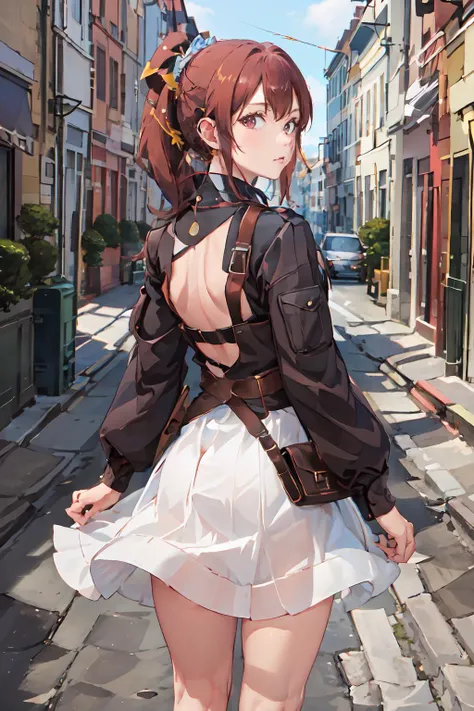 Milly\(milly)\, ponytail, brown eye, large breasts <lora:Milly_The_Aristocrat_s_Otherworldly_Adventure_Serving_Gods_Who_Go_Too_Far-000006:0.8>, wearing  a [dress: jacket: 25], park, masterpiece, more details, more lines, best quality, (back to viewer), wear a bag on the back, look at viewer