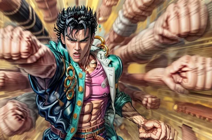 <lora:RapidPunches:0.85>, rapidpunches, (masterpiece, best quality:1.2), <lora:jojo_jotaro_kujo-10:0.95>, cowboy shot, solo, male focus, 1boy, kujo jotaro, serious, kujo jotaro is punching rapidly, school uniform, gakuran, long coat, jewelry, earrings, chain, detailed face, <lora:add_detail:1.4>