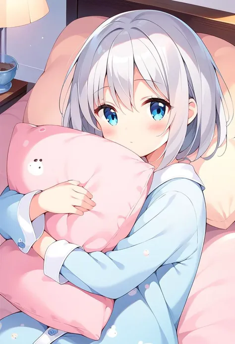 score_9, score_8_up, score_7_up, source_anime, 1girl, hugging pillow, pajamas, blush, silver hair