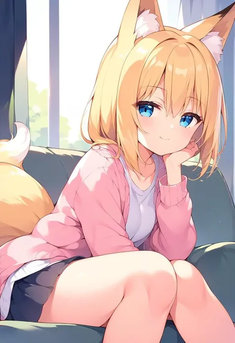 score_9, score_8_up, score_7_up, source_anime, 1girl, fox ears, fox tail, blonde hair, smug, sitting, leaning forward, indoors