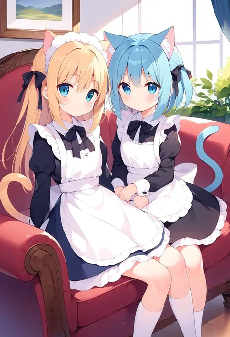 score_9, score_8_up, score_7_up, source_anime, 2girls, cat ears, cat tails, on couch, ribbon, maid, indoors