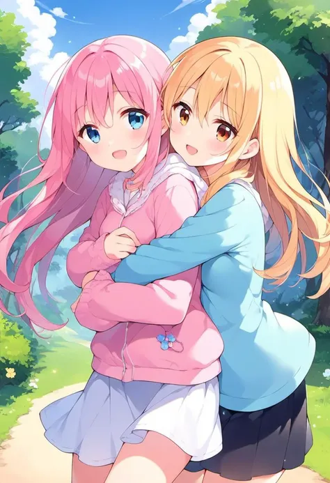 score_9, score_8_up, score_7_up, source_anime, 2girls, yuri, happy, hug from behind, outdoors