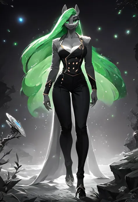 score_9, score_8_up, score_7_up, source_pony, aesthetic full body illustration of a wonderful magical pony in an enchanted wonderland, monochrome green tones mane, beautiful whimsical fantasy art concept, detailed background, glowing particles, masterpiece, best quality, sfw, <lora:KSF:1> magnificent alien, anthropomorphic creature
