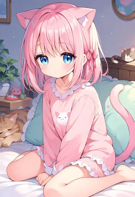 score_9, score_8_up, score_7_up, 1girl, cat ears, cute, hair ribbon, medium hair, cat tail, pink hair, sitting, on bed, (sleepy), pajamas