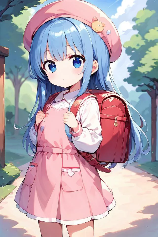 score_9, score_8_up, score_7_up, source_anime, masterpiece, best quality, illustration, (moe), (cute), detailed eyes,
solo, 1girl, blue eyes, (deepblue hair:1.2), (long hair, straight hair), flat chest, day, standing, uniform, school hat, randoseru, red leather backpack, randoseru,backpack,