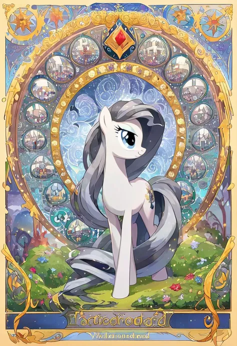 score_9, score_8_up, score_7_up, source_pony, aesthetic full body illustration of a outrageous magical pony in an enchanted wonderland, yellow and gray mane, beautiful whimsical fantasy art concept, detailed background, glowing particles, masterpiece, best quality, sfw, <lora:Art_Nouveau_Pony:0.8> art nouveau