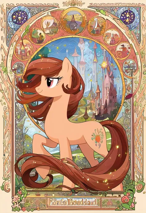 score_9, score_8_up, score_7_up, source_pony, aesthetic full body illustration of a front magical pony in an enchanted wonderland, rust brown mane, beautiful whimsical fantasy art concept, detailed background, glowing particles, masterpiece, best quality, sfw, <lora:Art_Nouveau_Pony:0.8> art nouveau