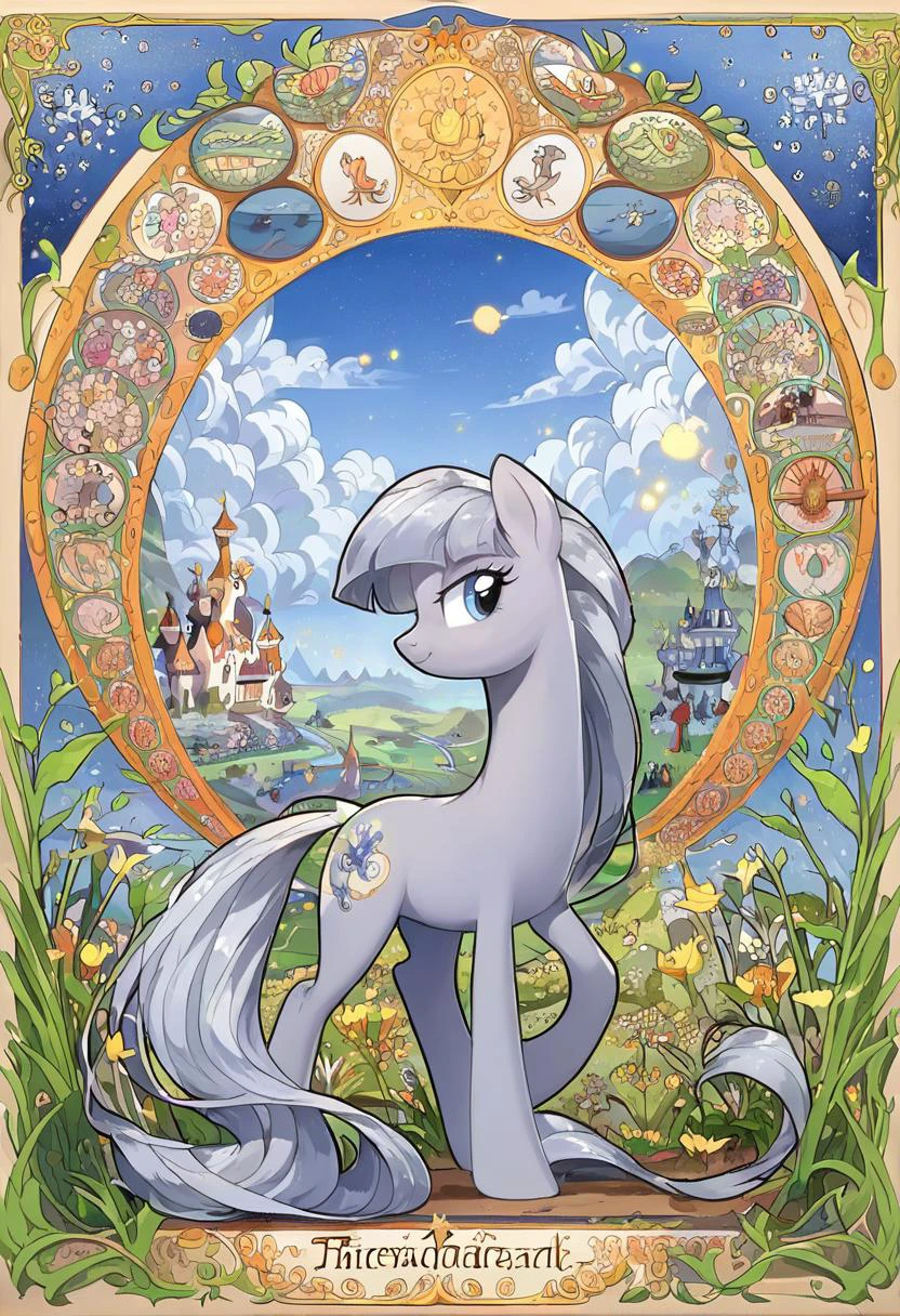 score_9, score_8_up, score_7_up, source_pony, aesthetic full body illustration of a political magical pony in an enchanted wonderland, gray mane, beautiful whimsical fantasy art concept, detailed background, glowing particles, masterpiece, best quality, sfw, <lora:Art_Nouveau_Pony:0.8> art nouveau