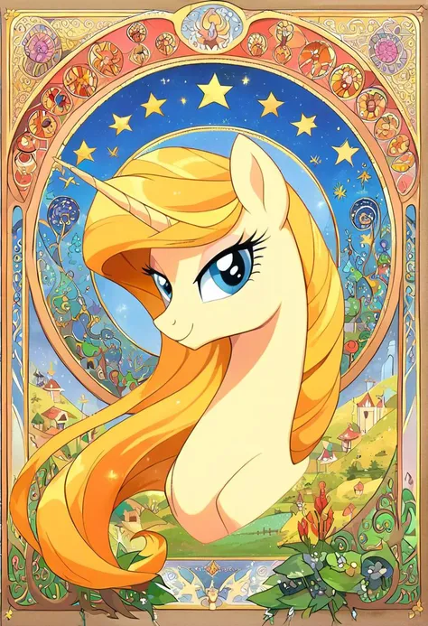 score_9, score_8_up, score_7_up, source_pony, aesthetic full body illustration of a fearless magical pony in an enchanted wonderland, red and yellow mane, beautiful whimsical fantasy art concept, detailed background, glowing particles, masterpiece, best quality, sfw, <lora:Art_Nouveau_Pony:0.8> art nouveau