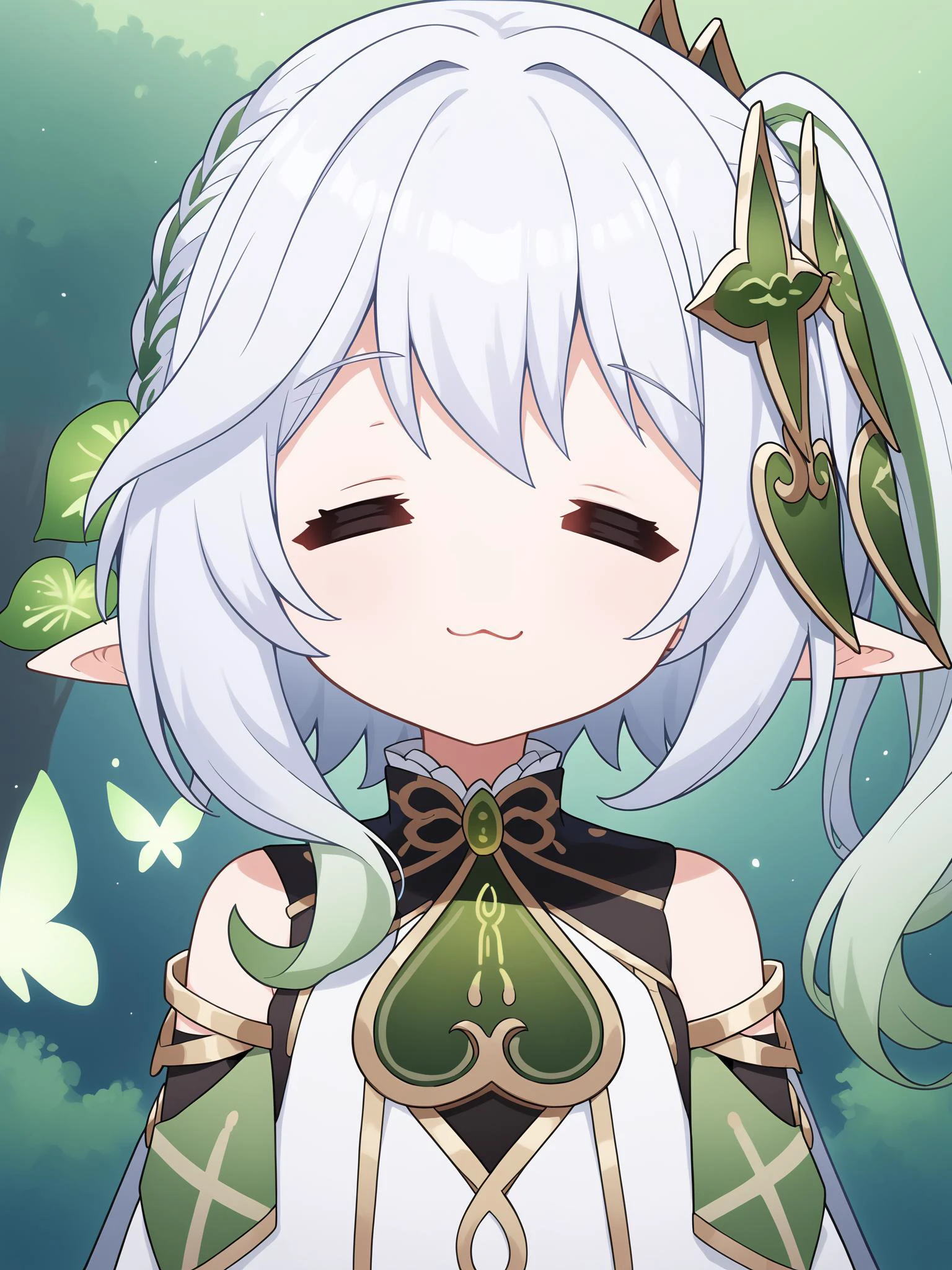 score_9, score_8_up, score_7_up, highly detailed, BREAK source_anime, <lora:ChamElfExpressionPonyXL:1>,<lora:genshin_pony_v1:0.8>, =w=, :3, = =, eyes closed, butterfly, pointy ears,
1girl, nahida \(genshin impact\), portrait, flat chest, forest,