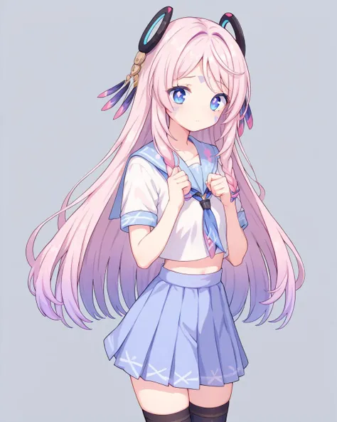 score_9, score_8_up, score_7_up, anime source, simple background, standing, shy,
1girl, citlali, gradient hair, blue eyes, pink pupils, long hair, headgear, face mark, serafuku, thighhighs, 
<lora:citlali_pony_v1:0.7>