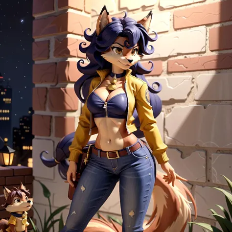 (carmelita fox, fox girl, furry female anthro, fluffy fox tail, fox snout, body fur,), serious look, police officer, (midriff, blue jeans, yellow jacket, long sleeves, brown eyes, collar, brown belt, mole, brown army boots,), ((dark blue curly hair)), BREAK,
(City at night, night time, leaned against a brick wall,),  <lora:carmelita-v1-128-novelai:1>