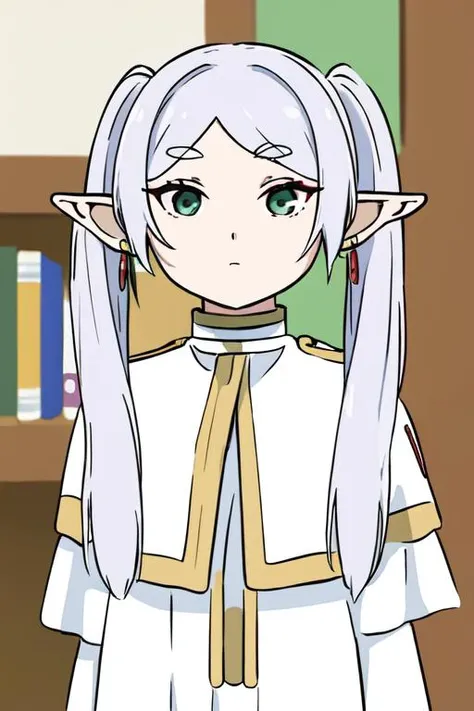 ((masterpiece)), (best quality), highres, ultra-detailed, absurdres,
 <lora:JibakuFrierenv2:0.8> , frieren, 1girl, earrings, elf, long hair, pointy ears, solo, twintails, green eyes, earrings, white hair, looking at viewer, capelet, white capelet, white sleeves, long sleeves, standing, upper body, 
 <lora:xinzoruo:0.5>, xinzoruo, chibi