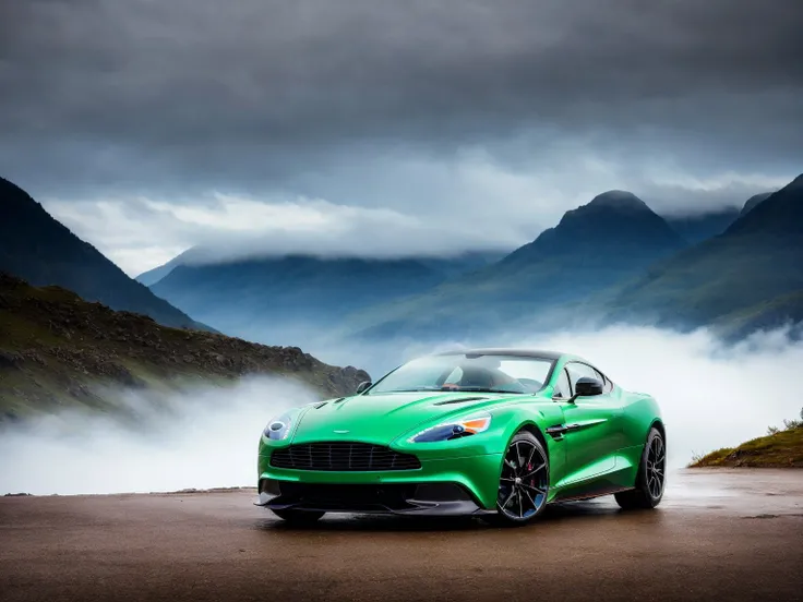 masterpiece, best quality, astonmartinvanquish, 1car, rainy mountains, green car, <lora:AstonMartinVanquish:0.7>, slate atmosphere, cinematic, dimmed colors, dark shot, muted colors, film grainy, lut, spooky