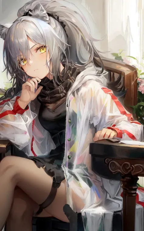 1girl, solo, cat ears, sitting on chair,pose,ponytail,