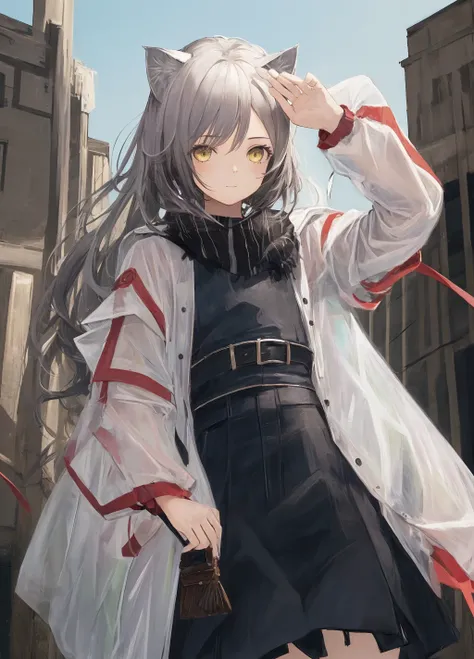 1girl, solo, cat ears, standing,cowboy shot, simple background,, masterpiece, best quality,