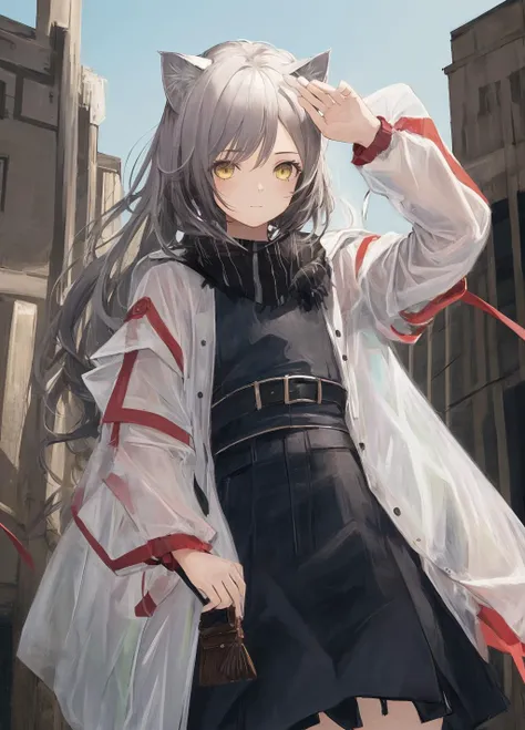 1girl, solo, cat ears, standing,cowboy shot, simple background,, masterpiece, best quality,