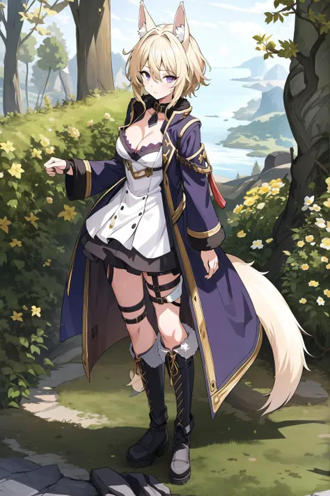 masterpiece, best quality, 1 girl, solo, <lora:zetaTheEminenceIn_zetaV1:0.5>, blonde hair, animal ears, black footwear, boots, breasts, cleavage, full body, fur collar, fur trim, purple eyes, tail, standing, forest