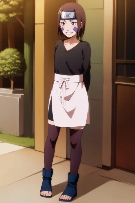 <lora:Rin:1>,1girl, solo, brown hair, brown eyes, waist apron, short hair, forehead protector, smile, (black shirt:1.1), facial mark, full body, long sleeves, bracelet, konohagakure symbol, headband, sandals, collarbone, bike shorts, bangs, thighhighs, bandages,anime screencap,wall, full body, toeless footwear,black thighhighs, standing,leaning forward, arms behind back,