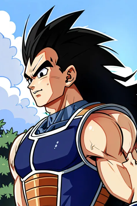 raditz, 1boy, solo, black hair, black eyes, (upper body:1.5,).portrait, smirk, saiyan armor, shoulder armor,(green scouter), faulds,very long hair,blue sky,plateau,tree,grass,standing,looking at viewer,tail around waist, red armband,black briefs,rocks, muscular male, (best quality, masterpiece) ,<lora:raditz_v1:1>