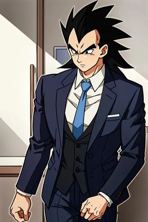 ((best quality)), ((masterpiece)), (detailed), raditz sd,1boy,solo, muscular male, black hair,spiked hair, ((long hair)), suit jacket, suit,necktie, indoors, <lora:Raditz sd-000007:0.7>