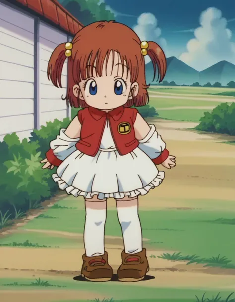 zPDXL, score_9, score_8_up, score_7_up, source_anime, 8k, absurdres,
1girl, solo, <lora:moetan_pony:0.6> , nijihara, two side up, short hair, brown hair, blue eyes, hair ornament, child, frilled dress, vest, sleeveless jacket, sleeves past wrists, detached sleeves, thighhighs , <lora:EarlyAkirav1-1:1> drgbls1, 1990s \(style\), retro artstyle, anime coloring, outdoors, grass, dirt path, sky, cloud, mountain, bush,