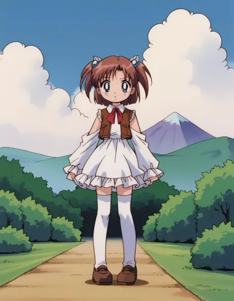 zPDXL, score_9, score_8_up, score_7_up, source_anime, 8k, absurdres,
1girl, solo, <lora:moetan_pony:0.6> , nijihara, two side up, short hair, brown hair, blue eyes, hair ornament, child, frilled dress, vest, sleeveless jacket, sleeves past wrists, detached sleeves, thighhighs , outdoors, grass, dirt path, sky, cloud, mountain, bush, <lora:SailorMoon:1> slrmn, 1990s \(style\), retro artstyle, anime coloring,