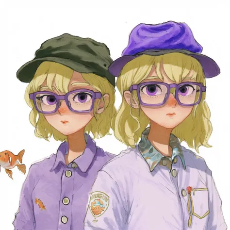 <lora:riffleman1130_v2:1.0>, (riffleman:1.0), drawing,2girls, blonde hair, casual, fish, glasses, goldfish, hat, multiple girls, purple hair, violet eyes